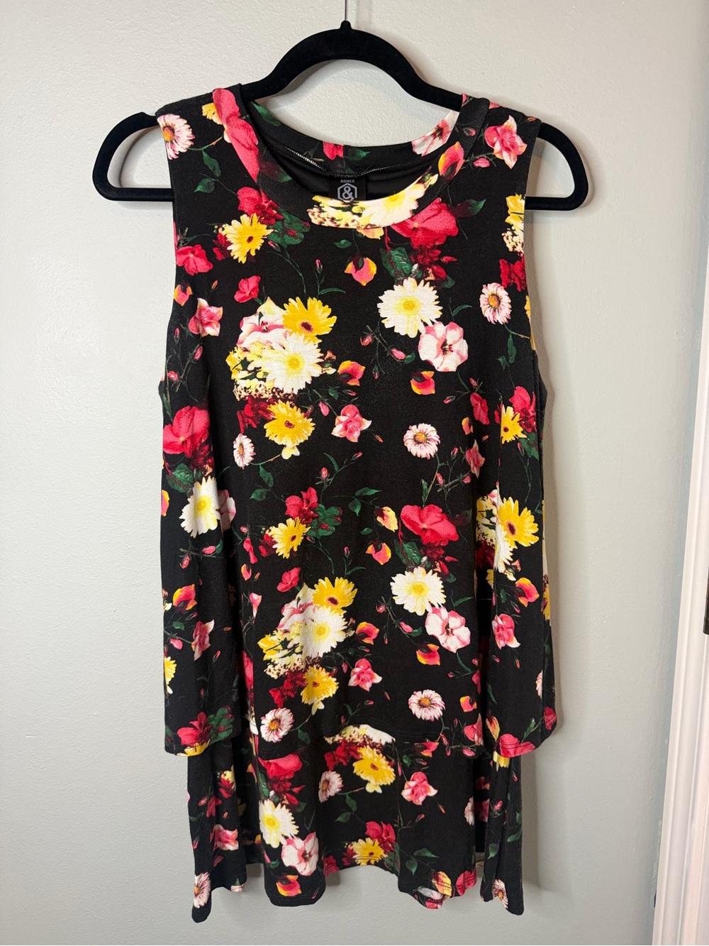 Floral Tiered Sleeveless Top - Black with Yellow & Pink Flowers